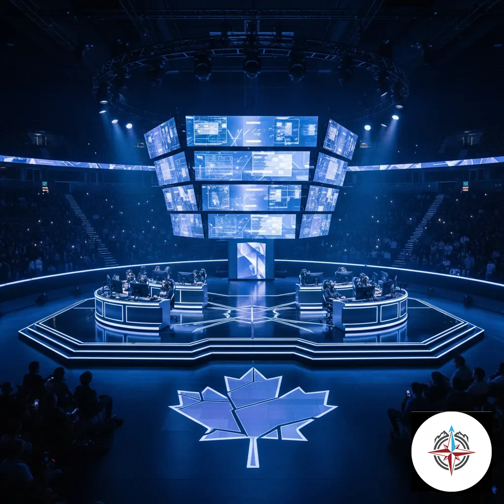 Competitive video game tournament stage with digital screens
