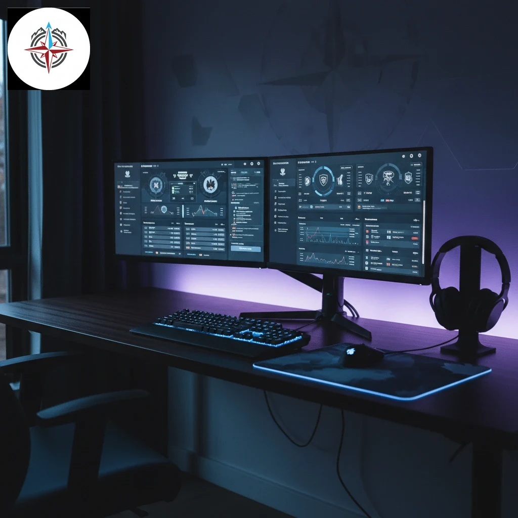 Professional esports tournament stage with dual monitor gaming desks and arena lighting