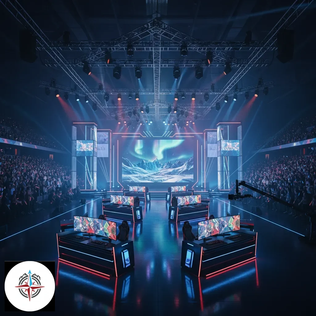 Professional esports tournament stage with dual monitor gaming desks and arena lighting